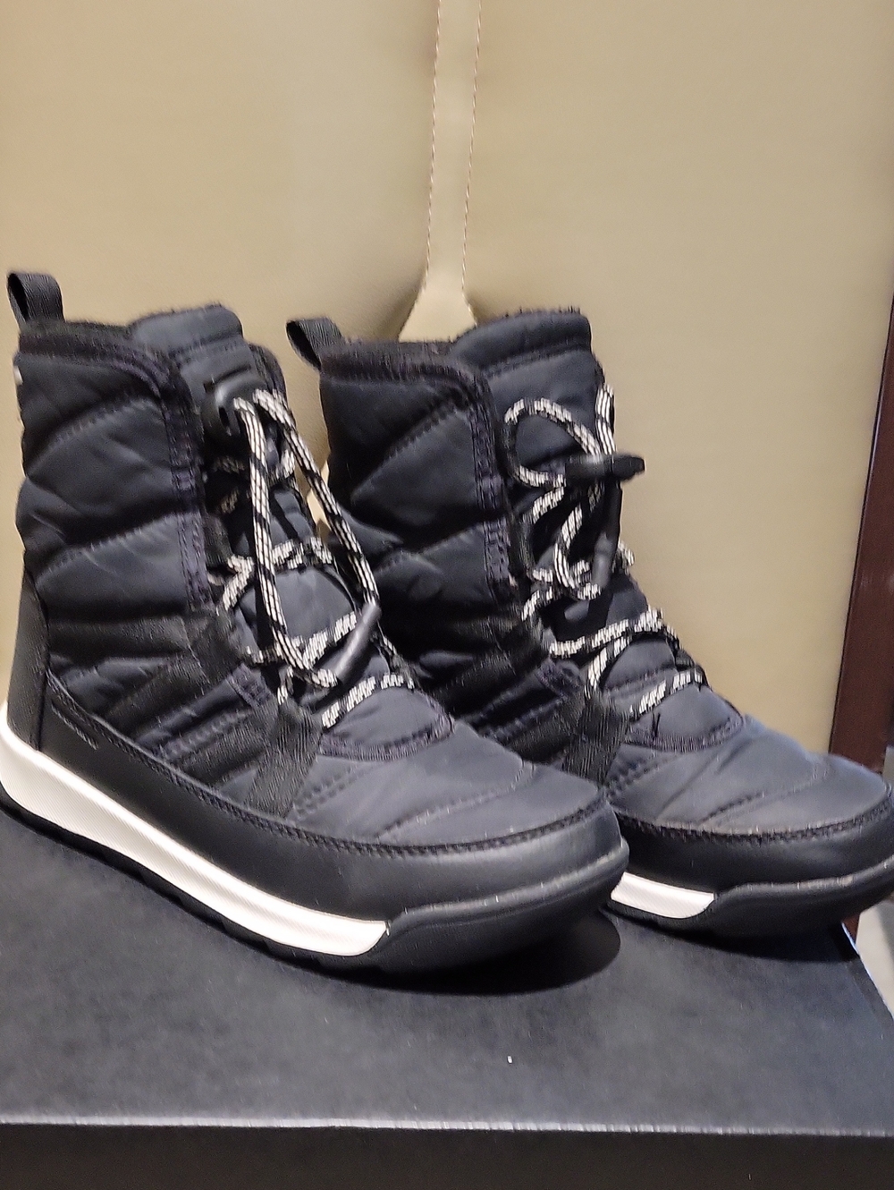 Sorel Black Quilted Lace-Up Kids Snow Boots with White Trim